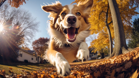 Photo of a dog joyfully leaping into a pile of autumn leavesの素材