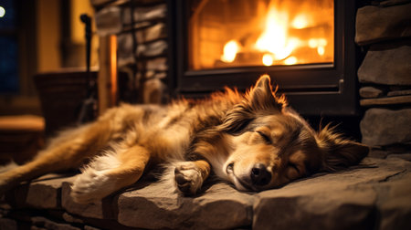 Photo of a sleepy dog curled up by the fireplaceの素材