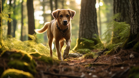 Photo of an adventurous dog exploring a dense forestの素材