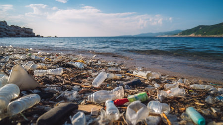 A photo of a litter-strewn beach with plastic debris and marine pollutionの素材