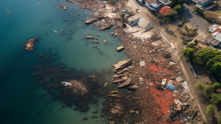 A photo of a coastal town affected by marine pollutionの素材