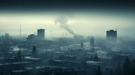 A photo of a cityscape shrouded in early morning fog and factory smokeの素材