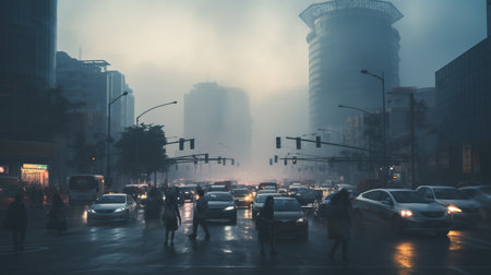 A photo of a busy urban intersection enveloped in smog and pollutionの素材