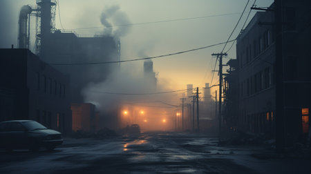 A photo of a cityscape shrouded in early morning fog and factory smokeの素材