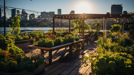 a photo of a downtown rooftop garden or urban farm, illustrating efforts to reduce the urban heat island effect and promote local food productionの素材