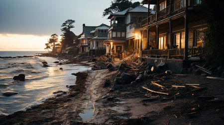 a photo of a coastal village experiencing sea-level rise and erosion during a stormの素材