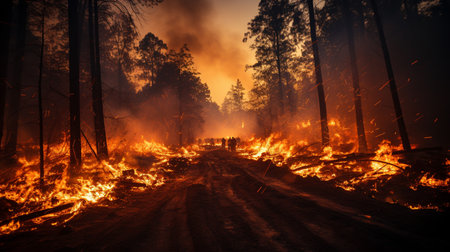 a photo of a forest fire raging through a dense woodland areaの素材