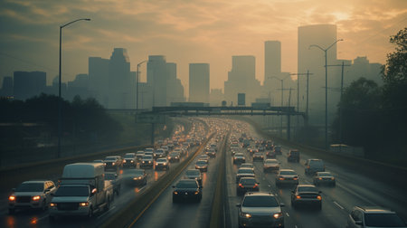 A photo of a congested city highway during rush hourの素材