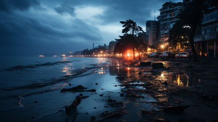 a photo of a coastal city's skyline partially submerged due to rising sea levels during a stormの素材