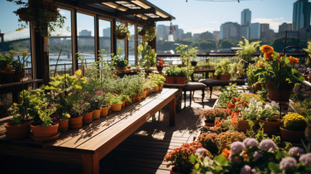 a photo of a downtown rooftop garden or urban farm, illustrating efforts to reduce the urban heat island effect and promote local food productionの素材