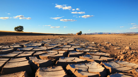 a photo of a parched, cracked riverbed in a drought-affected regionの素材