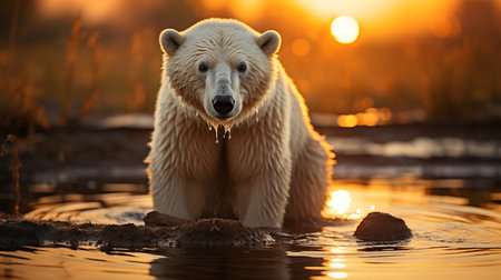 a photo of a polar bear standing on a melting ice floe at sunsetの素材