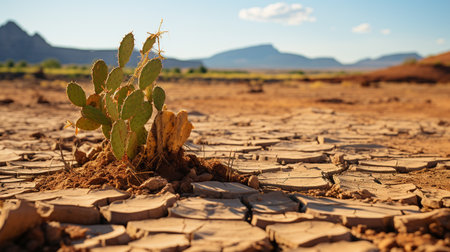 a photo of a parched desert landscape with cracked earth and a cactusの素材