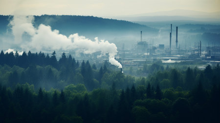 A photo of a lush, green forest contrasted against a distant factory emitting smokeの素材