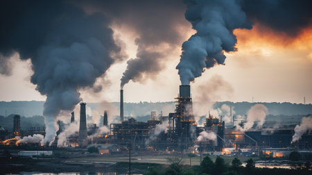 A photo of dense factory smoke billowing from a large industrial facilityの素材