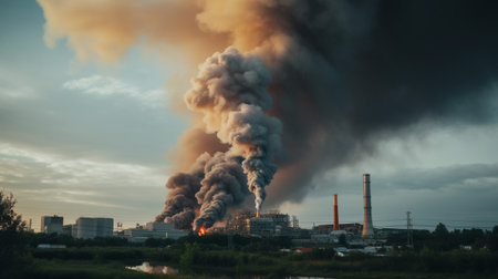 A photo of dense factory smoke billowing from a large industrial facilityの素材