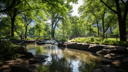 A photo of an urban park oasis with clean air, greenery, and fresh water featuresの素材