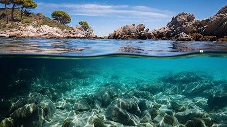 A photo of a pristine, plastic-free coastal area with crystal-clear waterの素材