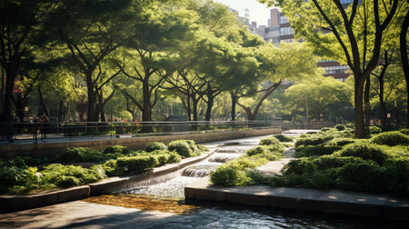 A photo of an urban park oasis with clean air, greenery, and fresh water featuresの素材