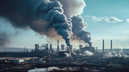 A photo of dense factory smoke billowing from a large industrial facilityの素材