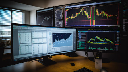 Photo of a stock market analysts desk with a whiteboardの素材