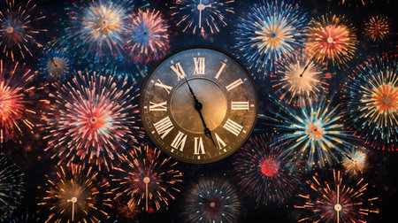 photograph a stunning display of fireworks lighting up the night sky as the clock strikes midnight on new year's eveの素材