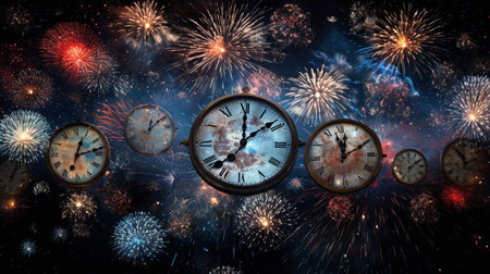 photograph a stunning display of fireworks lighting up the night sky as the clock strikes midnight on new year's eveの素材