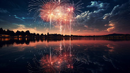 capture the reflection of fireworks on the surface of a calm body of waterの素材