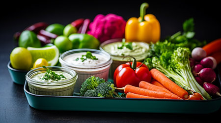 A photo of a colorful array of vegetable crudites with dip in a snack containerの素材