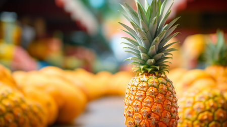 A photo of a close-up shot of vibrant pineapple on display at a market standの素材