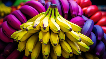 A photo of a close-up shot of vibrant banana on display at a market standの素材