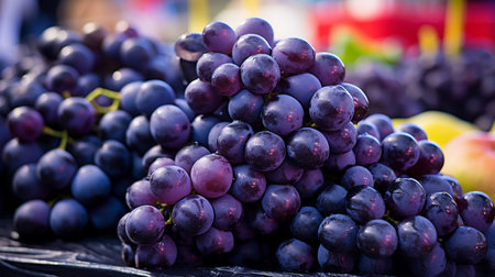 A photo of a close-up shot of vibrant grape on display at a market standの素材