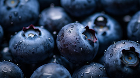 A photo of a close-up shot of vibrant blueberry on display at a market standの素材