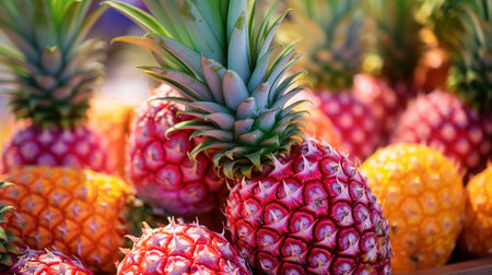 A photo of a close-up shot of vibrant pineapple on display at a market standの素材