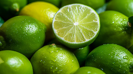 A photo of a close-up shot of vibrant lime on display at a market standの素材