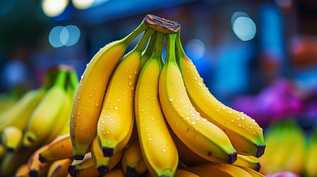 A photo of a close-up shot of vibrant banana on display at a market standの素材