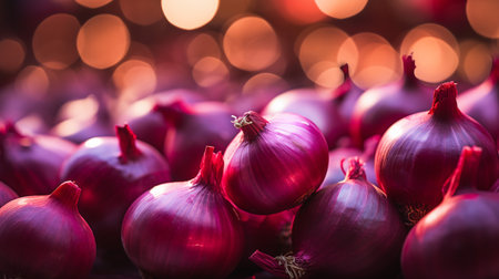 A photo of a close-up shot of vibrant onion on display at a market standの素材