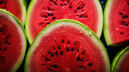 A photo of a close-up shot of vibrant watermelon on display at a market standの素材