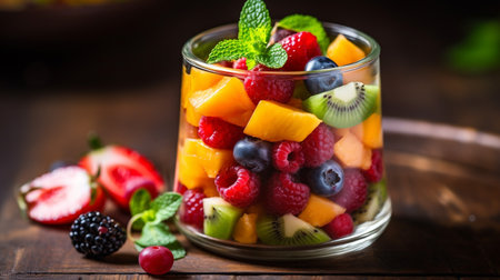 A photo of a colorful fruit salad in a clear container, ready for a quick and healthy snackの素材