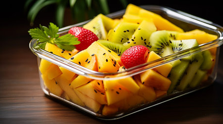 A photo of a portable fruit container filled with sliced mango, pineapple, and kiwiの素材