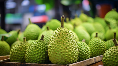 A photo of a close-up shot of vibrant soursop on display at a market standの素材
