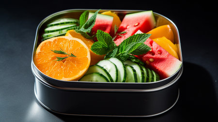 A photo of a small container with a variety of sliced fruitの素材