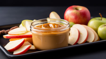 A photo of a compact container filled with sliced apples and a side of caramel dip, a sweet and satisfying snack optionの素材