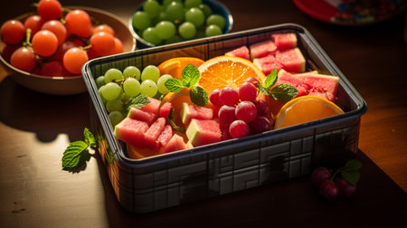 A photo of a fruit-filled bento box with watermelon cubes, orange wedges, and grape clustersの素材