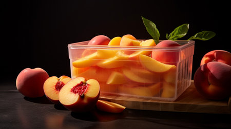 A photo of a compact container with a refreshing mix of sliced peaches and nectarines, ideal for a summery snackの素材
