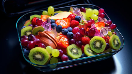 A photo of a portioned-out fruit mix in a clear container, featuring sliced kiwi, grapes, and pomegranate seedsの素材
