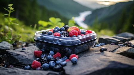 A photo of a modern fruit container filled with antioxidant-rich berries, including blueberries and blackberriesの素材
