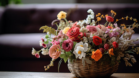 A photo of a basket brimming with freshly picked flowers on a tableの素材