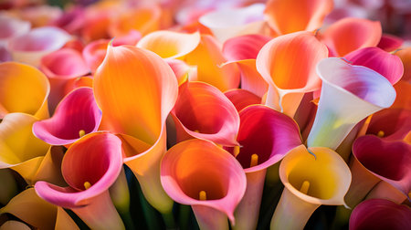 A photo of a close-up shot of vibrant calla lily on display at a market standの素材