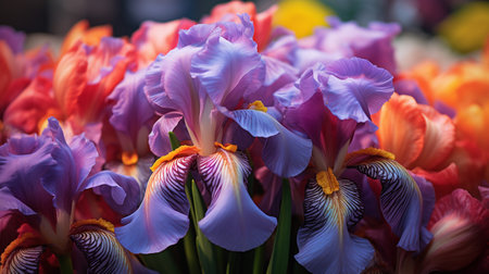 A photo of a close-up shot of vibrant iris on iris at a market standの素材